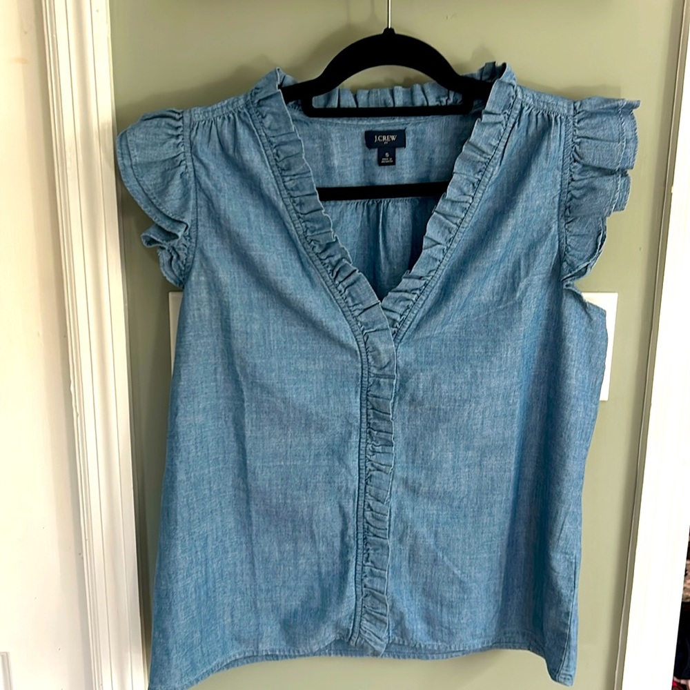 J. Crew Ruffled Cap Sleeve top in Denim- Size Small
